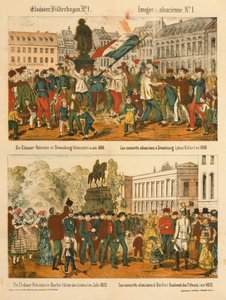 De Elzas rekruten in Straatsburg (Kleberplatz) in 1869 en in Berlijn (Unter den Linden) in 1872, uit Elsaesser Bilderbogen, uitgegeven door A. Schneider, Straatsburg, 1873