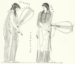 De oude Griekse dichter Alcaeus en zijn geliefde Sappho (gravure)