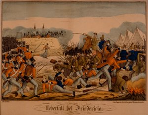 De Slag bij Fredericia tijdens de Eerste Sleeswijkse Oorlog, 6 juli 1849, Neuruppiner Bilderbogen, uitgegeven door Oehmigke & Riemschneider, ca. 1850