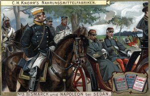 De Slag bij Sedan, Oorlog van 1870: Generaal Otto von Bismarck (1815-1898), koning van Pruisen begeleidde keizer Napoleon III (Louis Napoleon Bonaparte) door German School