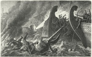 De Byzantijnen gebruiken Grieks vuur tegen een aanvallende Arabische vloot
