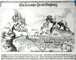 De stad Augsburg gedwongen katholieke overheersing te accepteren in 1629 (gravure) door German School