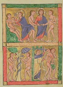 De schepping, huwelijk, verleiding en verdrijving van Adam en Eva, 1200 door German School