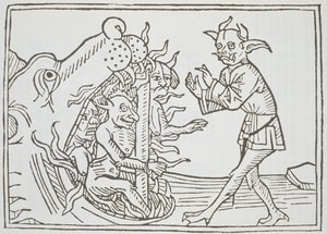 De Duivel Belial voor de Poorten van de Hel, uit Das Buch Belial, gepubliceerd in Augsburg, 1473