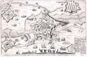 Het fort van Canischa tevergeefs belegerd door de christenen in 1664, illustratie uit een boek over de Ottomaanse campagnes in Europa, gegraveerd door Paul Furst