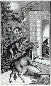De vier dieren die naar het raam schreeuwen, illustratie voor De Bremer Stadsmuzikanten, sprookje van de Gebroeders Grimm door German School