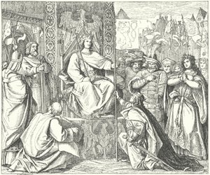 De Heilige Roomse Keizer Hendrik VII roept zijn zoon, Jan van Bohemen, terug (gravure) door German School
