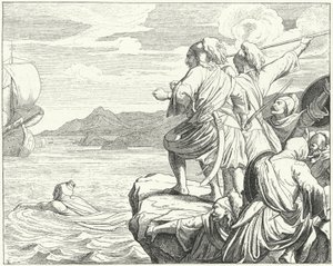 De Heilige Roomse Keizer Otto II ontsnapt aan de Grieken na zijn nederlaag in de Slag bij Stilo, 982 (gravure)