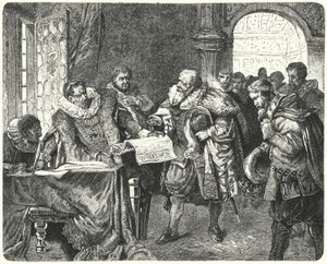 De Heilige Roomse Keizer Rudolf II verleent Boheemse protestanten meer religieuze vrijheid in zijn Majesteitsbrief door German School
