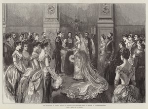Het huwelijk van prins Hendrik van Pruisen en prinses Irene van Hessen, in Charlottenburg (gravure) door German School