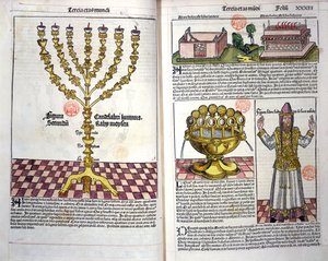 De Menorah en een Hebreeuwse priester, uit de Neurenberg Kroniek door Hartmann Schedel, 1493