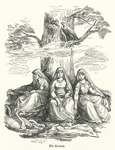 De Norns, vrouwelijke wezens uit de Noorse mythologie (gravure)