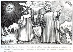 De Planetaire Systemen, uit De Troost van Filosofie door Boethius, gepubliceerd in 1537, illustratie uit Wetenschap en Literatuur in de Middeleeuwen en Renaissance, geschreven en gegraveerd door Paul Lacroix
