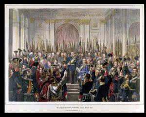 De proclamatie van Wilhelm als keizer van het nieuwe Duitse Rijk, in de Spiegelzaal van Versailles op 18 januari 1871, 1871 (kleurgravure) door German School