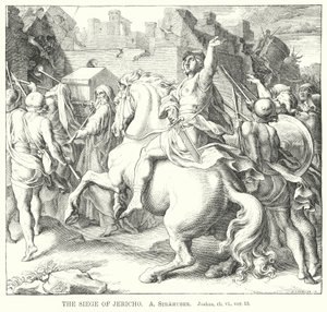 Het beleg van Jericho, Jozua, hoofdstuk vi, vers 13 (gravure)