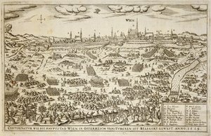 Het Beleg van Wenen in 1529, illustratie uit een boek over de Ottomaanse campagnes in Europa, gegraveerd door Paul Furst (ca. 1605-66) door German School