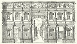 Het Teatro Olimpico ("Olympisch Theater") in Vicenza, Noord-Italië (gravure) door German School