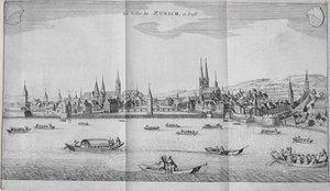 De Stad Zürich, Zwitserland, uit Deel II van Itinera Alpina door Johann Jacob Scheuchzeri, gepubliceerd 1706