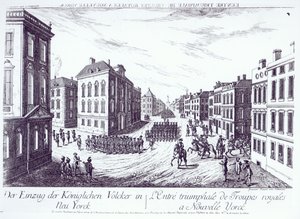 De triomfantelijke intocht van de koninklijke troepen in New York, 1776, gegraveerd door Francois Xavier Habermann