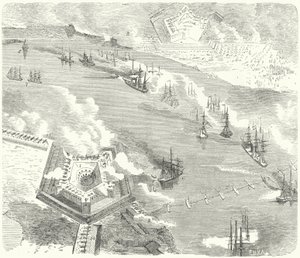 De Unie-vloot die Fort Jackson en Fort St. Philip aanvalt, Louisiana, Amerikaanse Burgeroorlog, 1862
