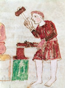 De smid die ijzer slaat op een miniatuur aambeeld uit het manuscript "De Universo" door German School