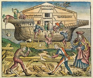 De bouw van de Ark van Noach, gepubliceerd in de Neurenberg Kroniek, 1493 door German School