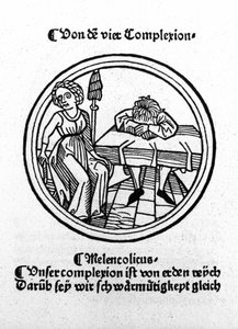 De vier temperamenten: melancholisch (verdrietig en depressief). Houtsnede, Augsburg 1480 door German School