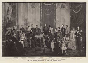 De overleden keizer Wilhelm en zijn familie, een herdenkingsscène (gravure) door German School
