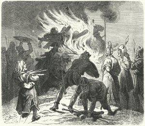 De legendarische Zweedse koning Sigurd Hring verbrandt het lichaam van Harald Wartooth na de Slag bij Bravellir (gravure) door German School