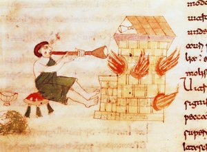 De miniatuur glasblazer uit het manuscript De Universo (of De rerum naturis (Over de natuur der dingen)) (cod. 132) door Rabanus Maurus Magnentius (of Raban Maur of Rabano Mauro) (ca. 780-856). 9e eeuw. Archief van de Abdij van Monte Cassino (Monte Cassino door German School