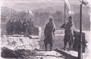 De vredesonderhandelingen - een ontmoeting bij de brug van Sèvres, Cassells Geschiedenis van de oorlog tussen Frankrijk en Duitsland uitgegeven door Cassell and Company Limited, ca. 1890 door German School