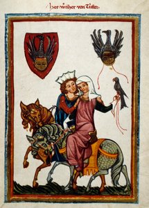 De geneugten van de jacht: Koning Conradin van Hohenstaufen, koning van Sicilië en Jeruzalem, hertog van Zwaben en koning van de Romeinen, op valkenjacht door German School