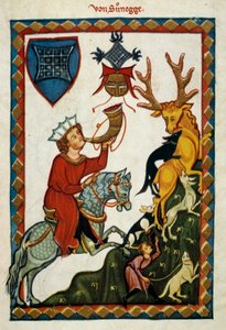 De geneugten van de jacht: Koning Radin van Hohenstaufen, koning van Sicilië (Italië) en Jeruzalem (Israël) onder de naam Conrad II, hertog van Zwaben onder de naam Conrad III en koning van de Romeinen onder de naam Conrad V (1252-1268) jaagt op herten door German School