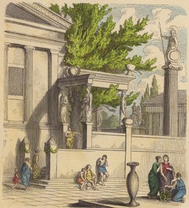 De heilige olijfboom op de Akropolis in Athene (gekleurde gravure) door German School