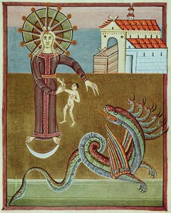 De vrouw bekleed met de zon wordt aangevallen door de draak met zeven hoofden, facsimile van de Bamberg Apocalyps door German School