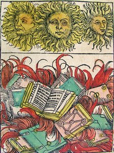 Drie Zonnen en Boekverbranding, gepubliceerd in de Neurenberg Kroniek, 1493 door German School