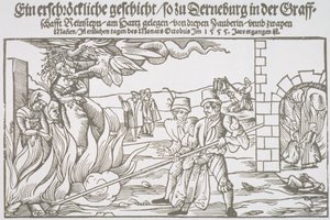 Drie Heksen Levend Verbrand, pamflet illustratie door German School