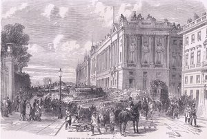 Straatbarricades opwerpen in Parijs, Cassells Geschiedenis van de oorlog tussen Frankrijk en Duitsland uitgegeven door Cassell and Company Limited, ca. 1890
