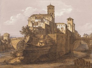 Tibereiland, Rome, Italië (kleurenlitho) door German School