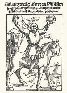 Till Eulenspiegel afgebeeld met uil en spiegel