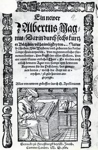 Titelpagina voor een nieuwe Albertus Magnus: zes korte boeken die veel van de geheimen van de natuur beschrijven, gepubliceerd 1514 door German School