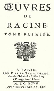 Titelpagina van een editie van het eerste deel van de volledige werken van Jean Racine, gepubliceerd in 1697 door German School