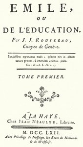 Titelpagina van de eerste editie van Emile door Jean-Jacques Rousseau, gepubliceerd in 1762 door German School