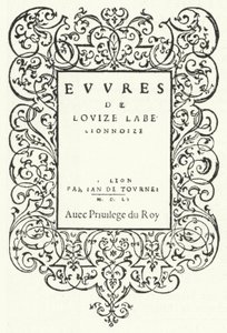 Titelpagina van de eerste editie van een werk van de Franse dichter Louise Labe (gravure) door German School