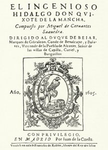 Titelpagina van de eerste editie van de roman Don Quichot, door Miguel de Cervantes (gravure) door German School