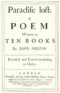 Titelpagina van de originele editie van Paradise Lost door de Engelse dichter John Milton, gepubliceerd in 1667 (gravure)