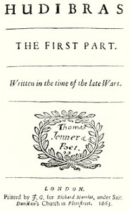 Titelpagina van het satirische gedicht Hudibras door de Engelse dichter Samuel Butler, gepubliceerd in 1663 door German School