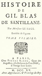 Titelpagina van de eerste editie van Gil Blas door de Franse romanschrijver en toneelschrijver Alain-Rene Lesage, gepubliceerd in 1715 door German School