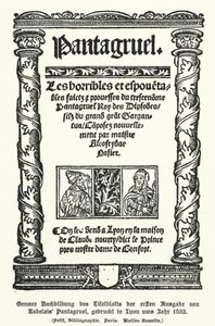 Titelpagina van de eerste editie van Pantagruel, door de Franse auteur Francois Rabelais, gedrukt in Lyon in 1532 door German School