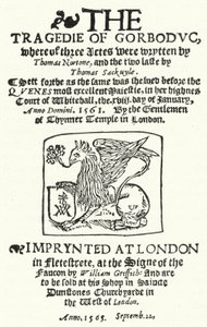 Titelpagina van de eerste editie van The Tragedie of Gorboduc (1565), door Thomas Norton en Thomas Sackville